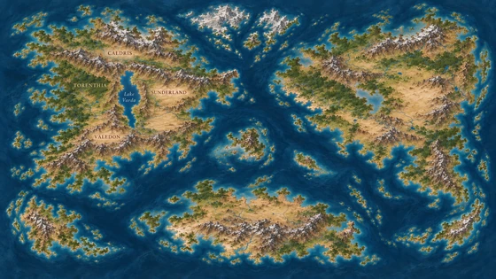 World map showing Torenthia, Caldris, Sunderland, and Valedon around Lake Varda.
